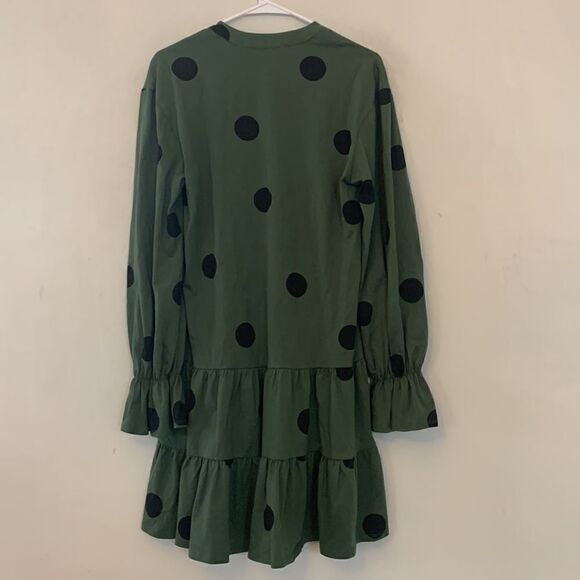 Asos green henley collar tiered dress black circles  gathered wrists Size 8 EUC - Picture 3 of 8